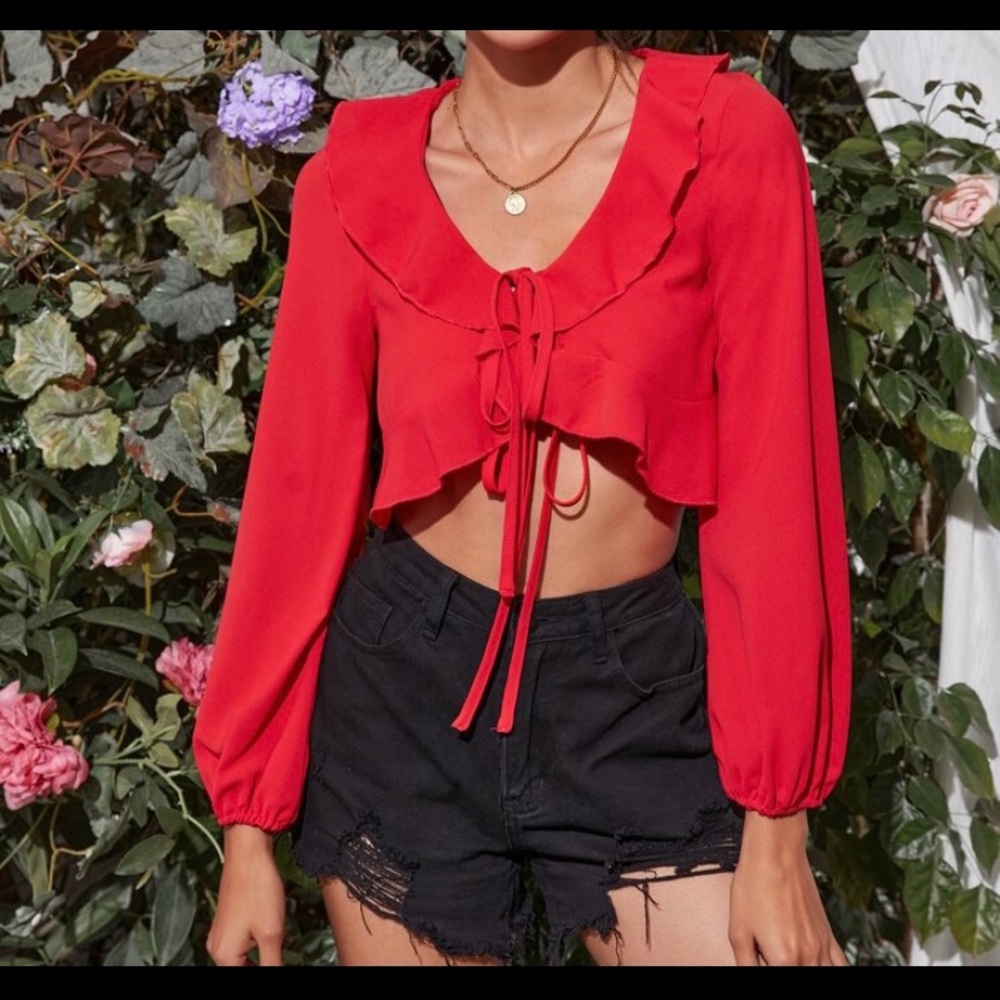 Red Lantern Ruffle Trim Tie Crop Top